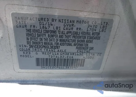 2016 Nissan Versa Note S (Sr)/S Plus/Sl/Sr/Sv from USA, damaged, VIN 3N1CE2CP6GL383297